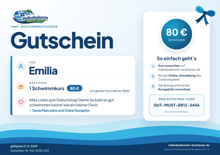 Beispiel der Geschenkkarte: Gutschein für einen Schwimmkurs mit persönlichem Gruß und Code